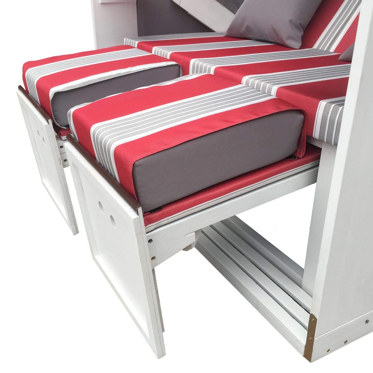 BRAST® Strandkorb Sylt XXL für 2 Personen 115cm breit mehrere Designs incl. wetterfeste Abdeckhaube verstellbare Rückenlehne Fußkissen Farbe Rot/Grau/Weiß gestreift