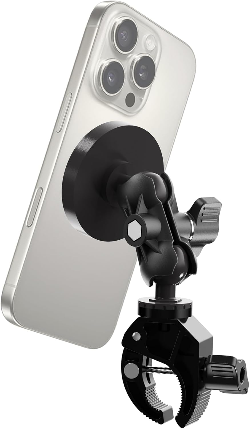MagSafe Bike Phone Mount, Magnetic Phone Holder with Clamp for Handlebar, Gym Equipment, Treadmill, Stroller, Cart – Compatible with iPhone 16 15 14 13 12 & All Smartphones (Metal Ring Included)