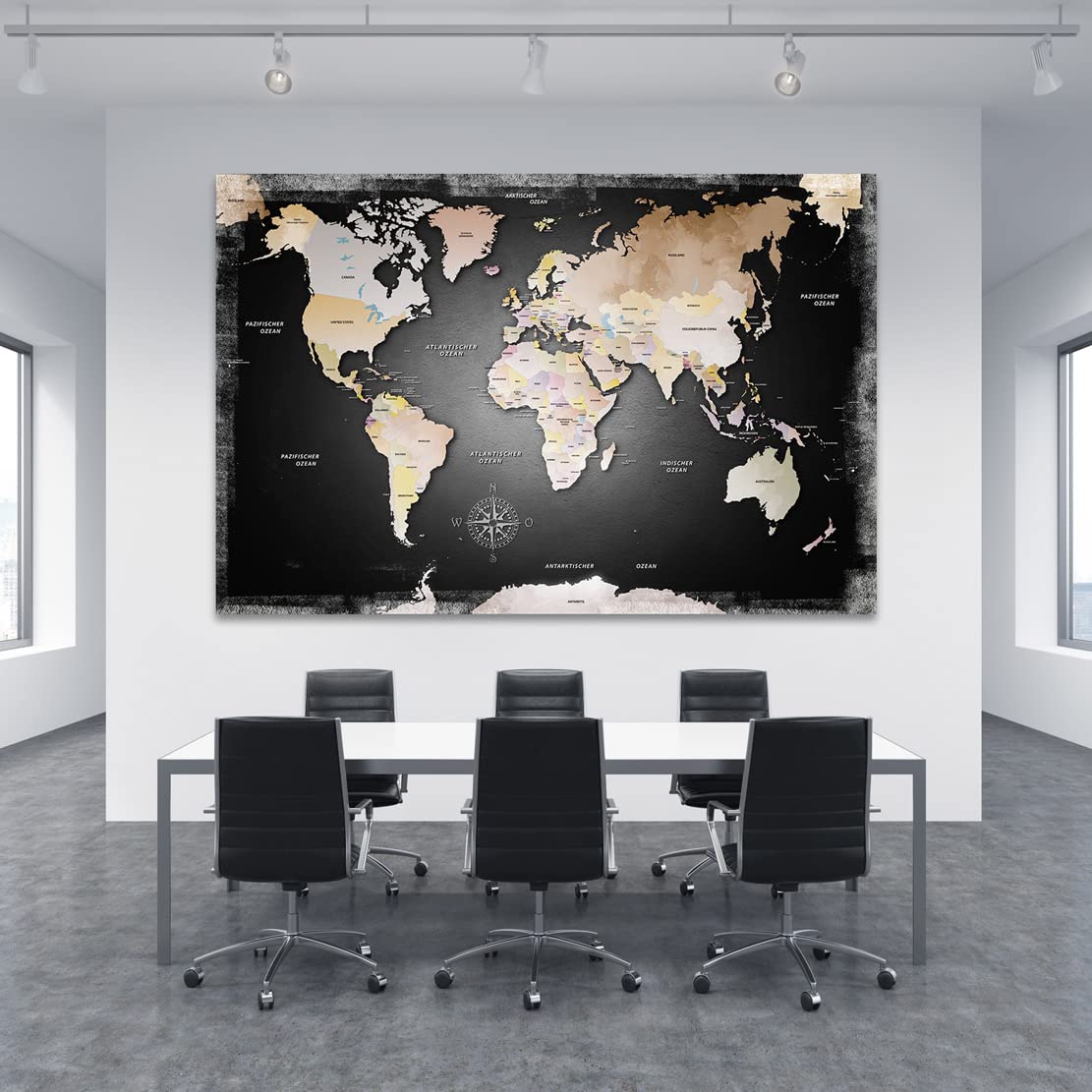 Kunstgestalten24 Leinwandbild Weltkarte Dark Wandbild Kunstdruck Büro Deko XXL