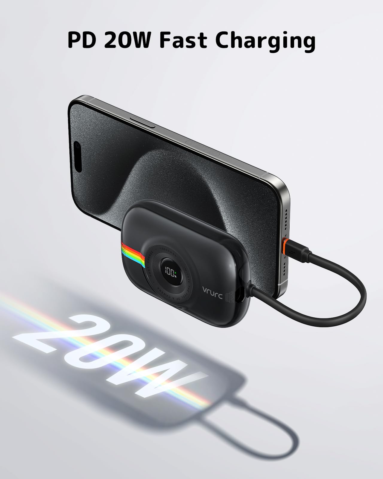 VRURC Power bank 10000mAh con cavo integrato, piccolo mini powerbank a ricarica rapida da 20 W, batteria USB C Elementi essenziali da viaggio per la maggior parte dei dispositivi smart-Nero