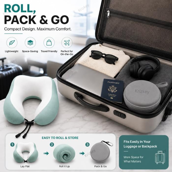 Image of Memory Foam Travel Neck Pillow with Portable Storage Case | Soft U-Shaped Neck Support Cushion for Airplane, Car, Train & Office | Lightweight Ergonomic Travel Pillow (Green)