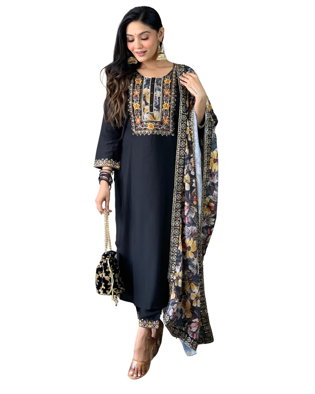 Shiv Textiles Women's Black Silk Blendand Embroidery Kurta Pant Set For Women(Jd-Hazel-Black-M)