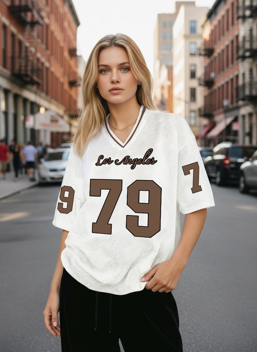 Oversized Jersey Shirts for Women Number Graphic Mesh Jersey V Neck Baggy Streetwear Casual Y2k Tops - Image 2