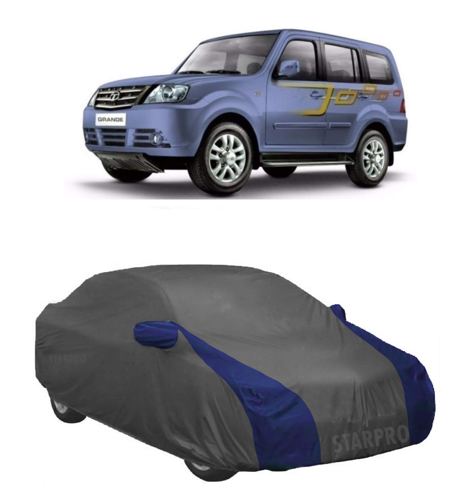 NEXTON Presents Semi-Waterproof Heavy Duty Car Body Cover Compatible with Tata Sumo Grande All Variants_Grey & Blue Color with Mirror