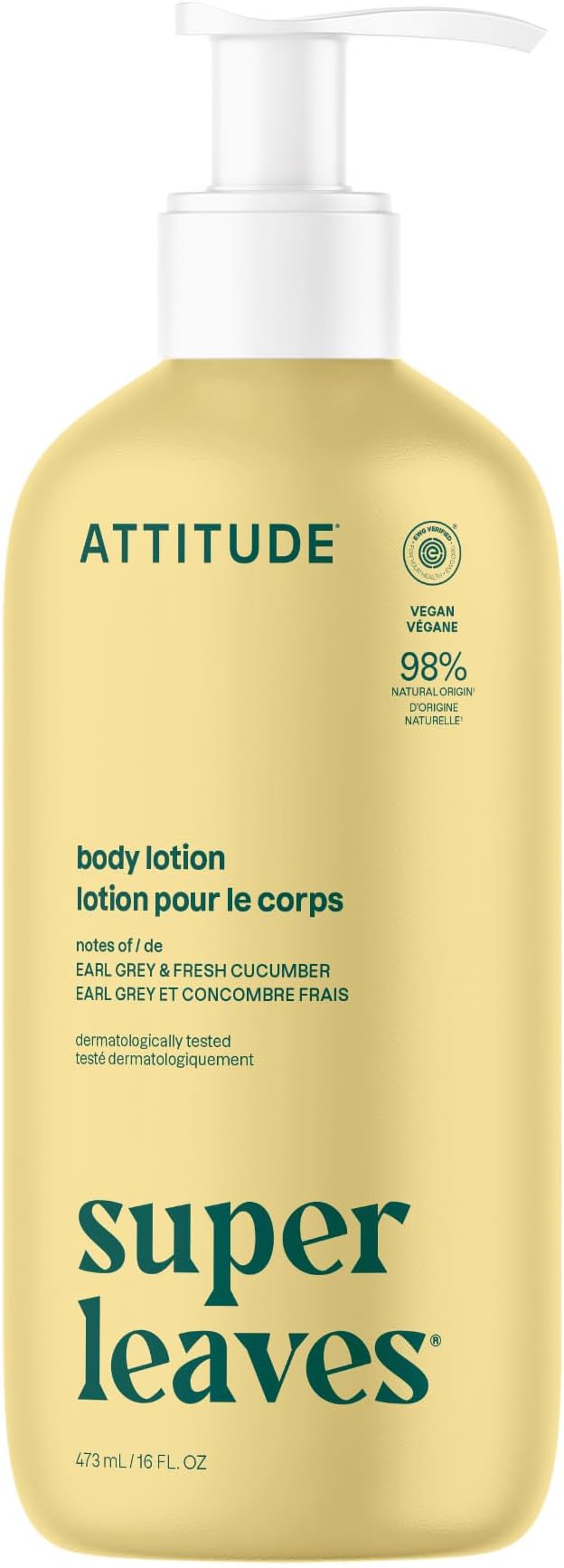 ATTITUDE Body Lotion, EWG Verified, Vegan & Cruelty-Free, Hydrating Moisturizer for Dry Skin, Non-Greasy Skin Care, Earl Grey & Fresh Cucumber Scent, 16 Fl Oz