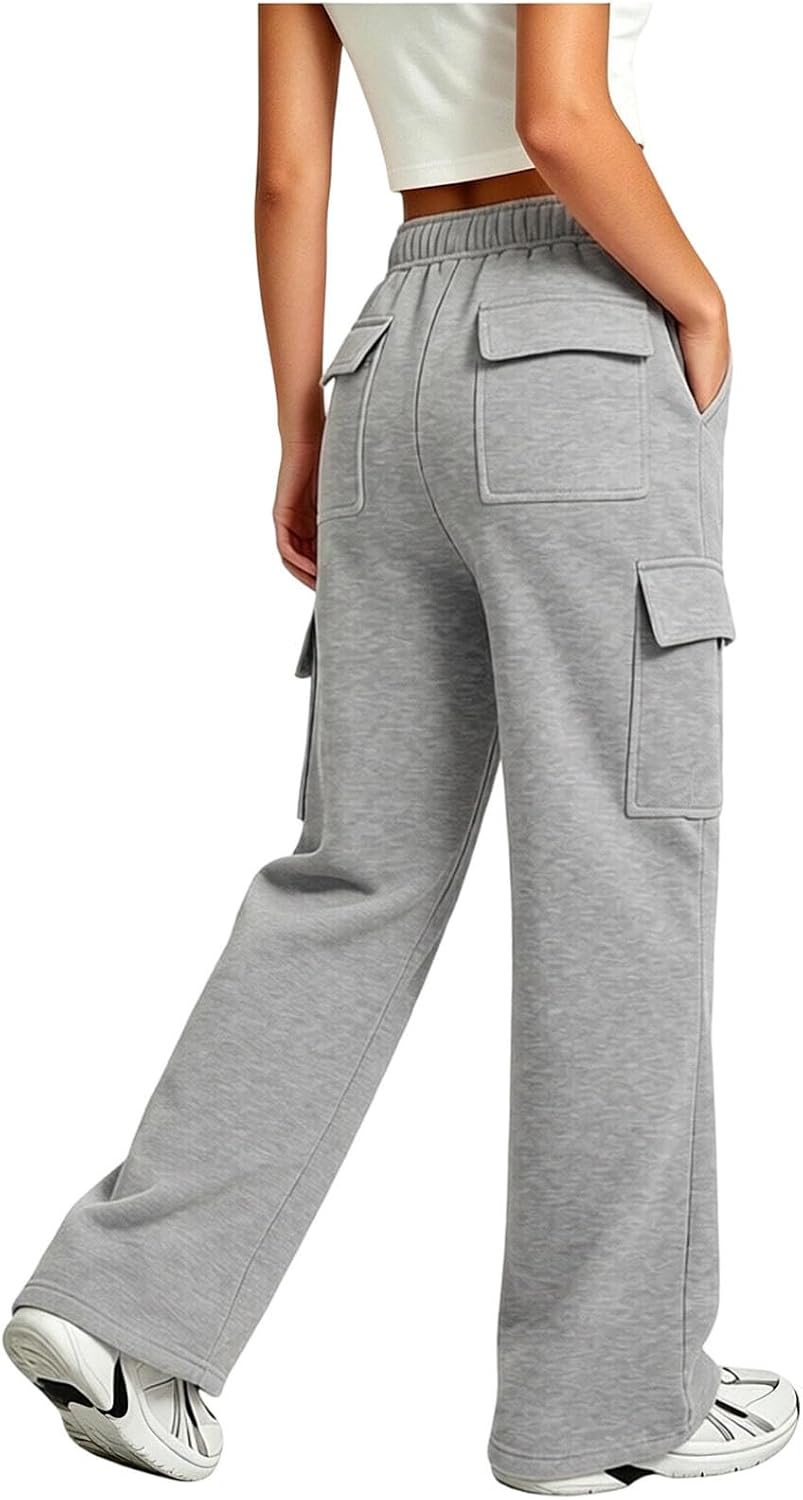 Girl Cargo Sweatpants High Waisted Wide Leg Pants with Pockets | Girl's Cargo Sweatpants High Waisted Wide Leg Pants With Flap Pockets For Travel Campus And Fall Winter Outfits