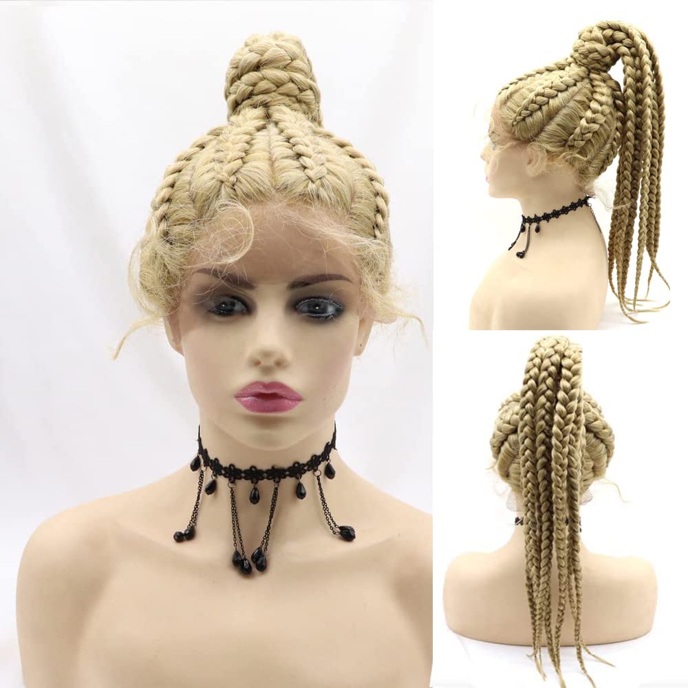 Xiweiya Braided Wig Light Weight Cornrow Blonde Box Updo Bun Braided 360 Full Swiss Lace Front Wig with Baby Hair 100% Add Human hand Weaving Synthetic High Ponytails for Women 24”