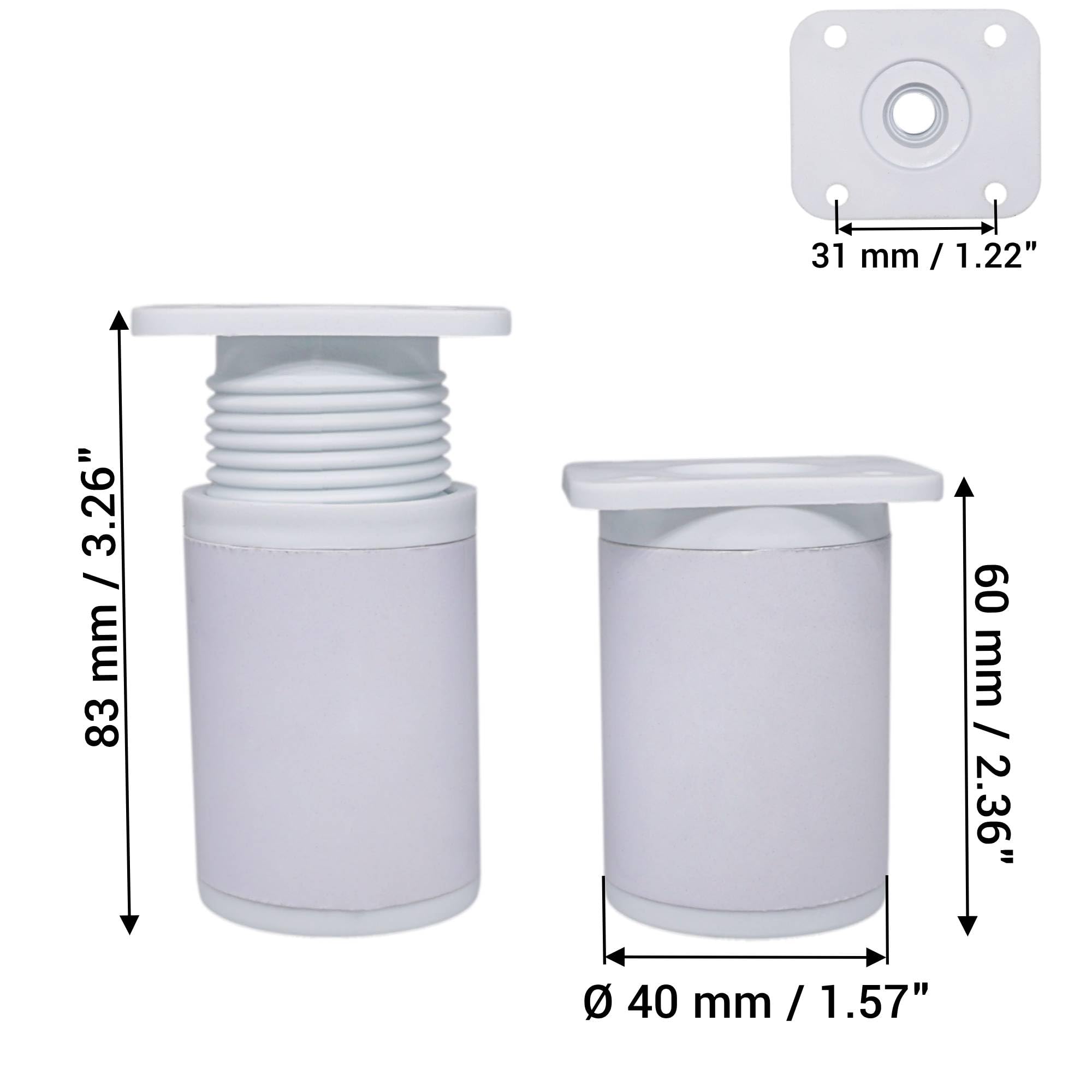 SKIR'CO 4 pcs, Height Adjustable White Furniture Legs, Height 6 cm, Diameter 4 cm, Aluminium Round Furniture Feet, Screws Included - Image 3