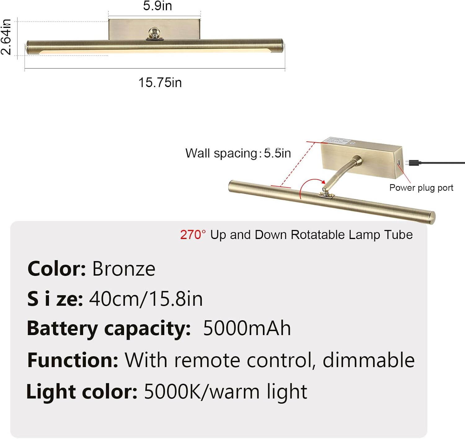 Picture Light for Wall Battery Operated, 16" Rechargeable Art Light with Remote and Timer for Painting, 3 Color Temps, Wireless Wall Light for Display, Artwork, Portrait, Gallery, Gold