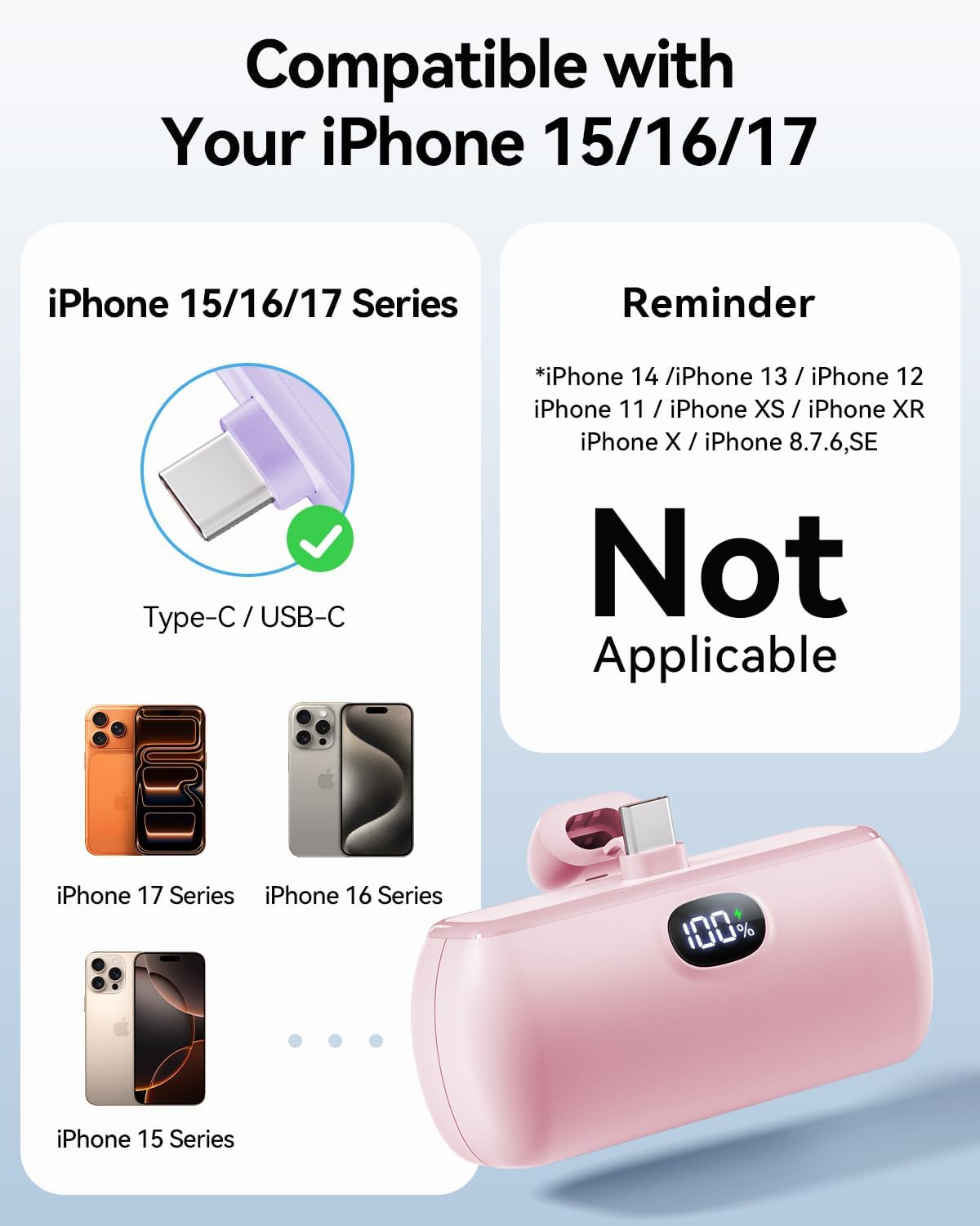 [2 Pack Mini Portable Charger USB C, 5000mAh Cell Phone Portable Power Bank, 22.5W Max Fast Charging Battery Pack for iPhone17/16/15/Android etc, Travel Essential, LCD Display, Pink&Purple - Image 6