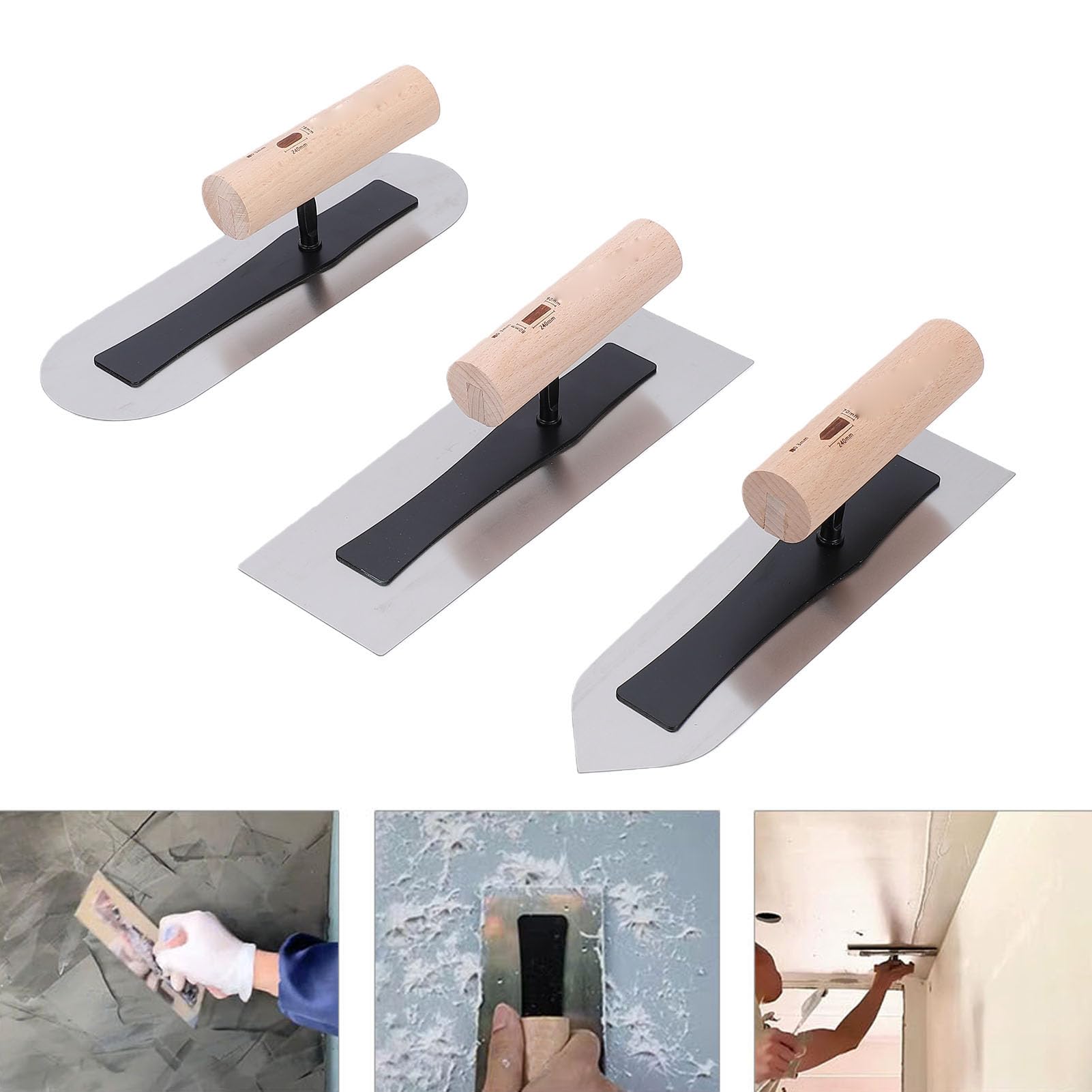 Fockety Set di 3 Spatole per Intonaco, 3 Spatole per Cartongesso con Manico in Legno, Attrezzi per Intonacatura Manuale in Acciaio Inossidabile Lucidato per Riparazioni di Cartongesso e
