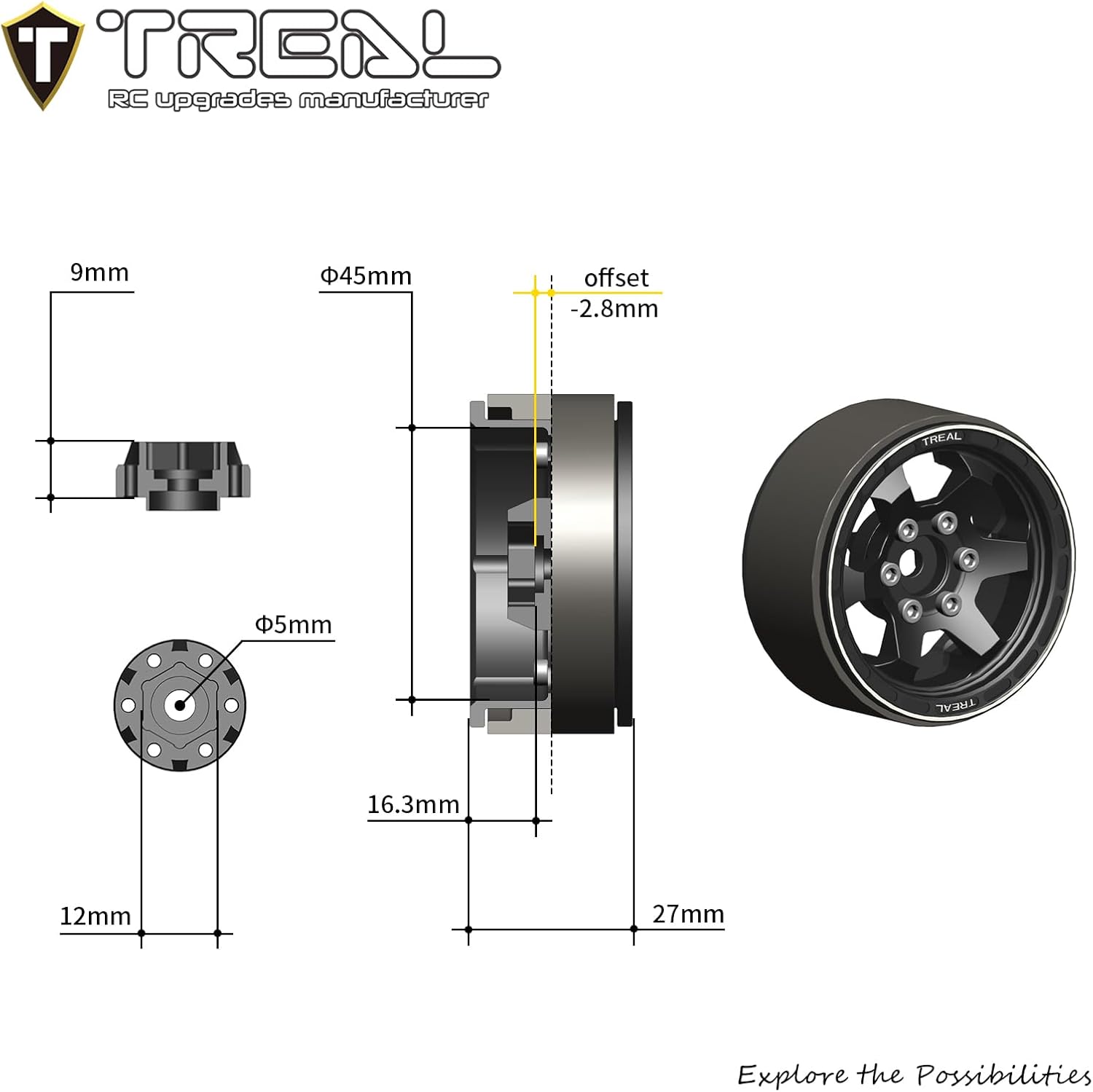 TREAL 1.9 Beadlock Wheels 1.9 inch Wheels (4P) CNC Machined for 1:10 RC Crawlers Axial SCX10 III TRX4 Redcat Gen8-Type H (Gray)