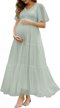 Pinup Fashion Maternity Photoshoot Baby Shower Flutter Sleeve Maxi Dress | Smocked bodice fits growing bump, elegant V-neck tiered tulle, flowing A-line cut, comfy summer pregnancy wear, postpartum