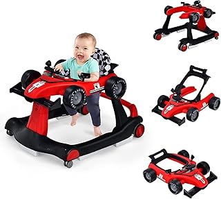 FANTASK Andador 4 en 1, con caja de música, luz y ruedas, plegable con altura y velocidad ajustables, para bebés a partir de 6 meses, soporta 12 kg en color rojo