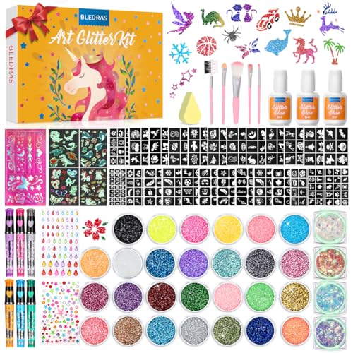 Bledras Kit Tatouage Paillettes Enfant Filles, 31 Couleurs de Paillettes Tatouage Ephemere, 6...