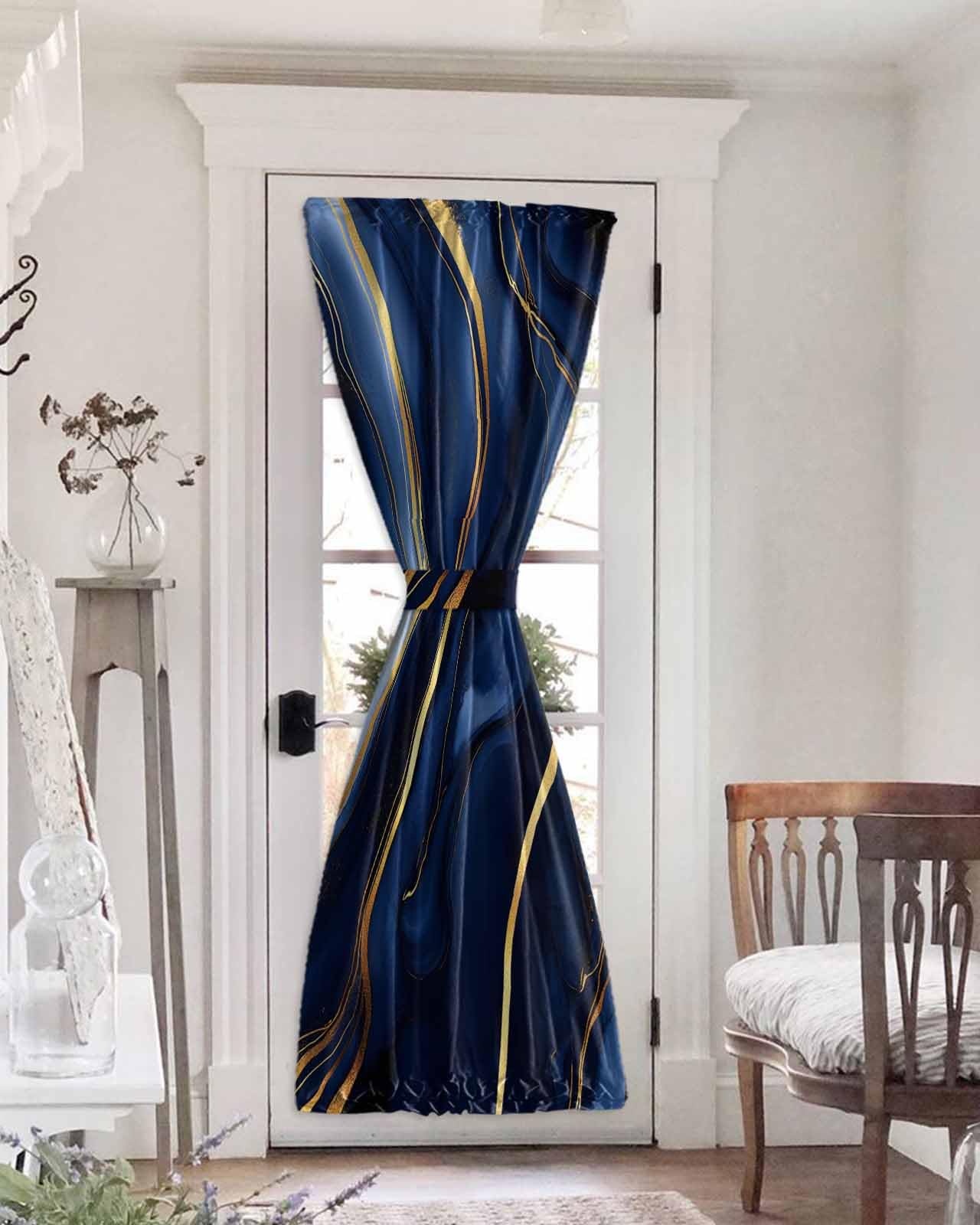 Shine-Home Marble Black Out French Door Curtains for Door Window, Modern Navy Blue Abstract Gold Rod Pocket Door Drapery Curtain Panel with Tiebacks