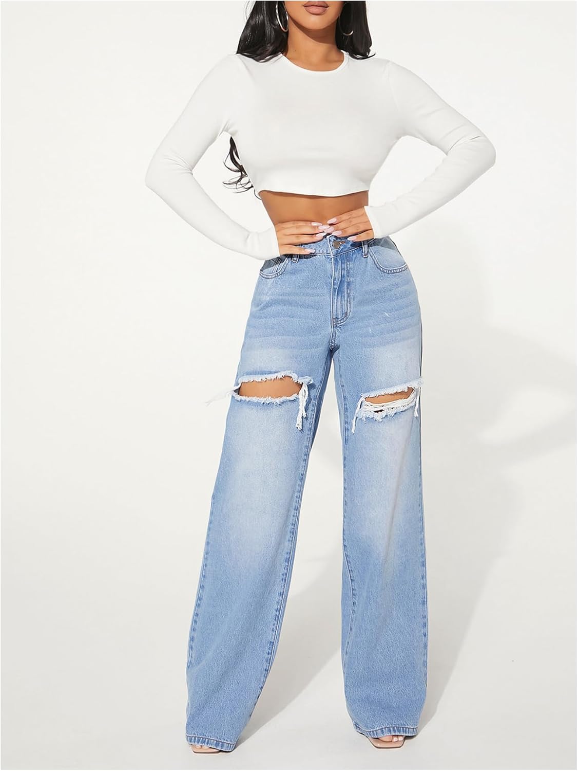 Floerns Women's Straight Leg Ripped Jeans Low Waisted Casual Distressed Denim Pants - Image 4