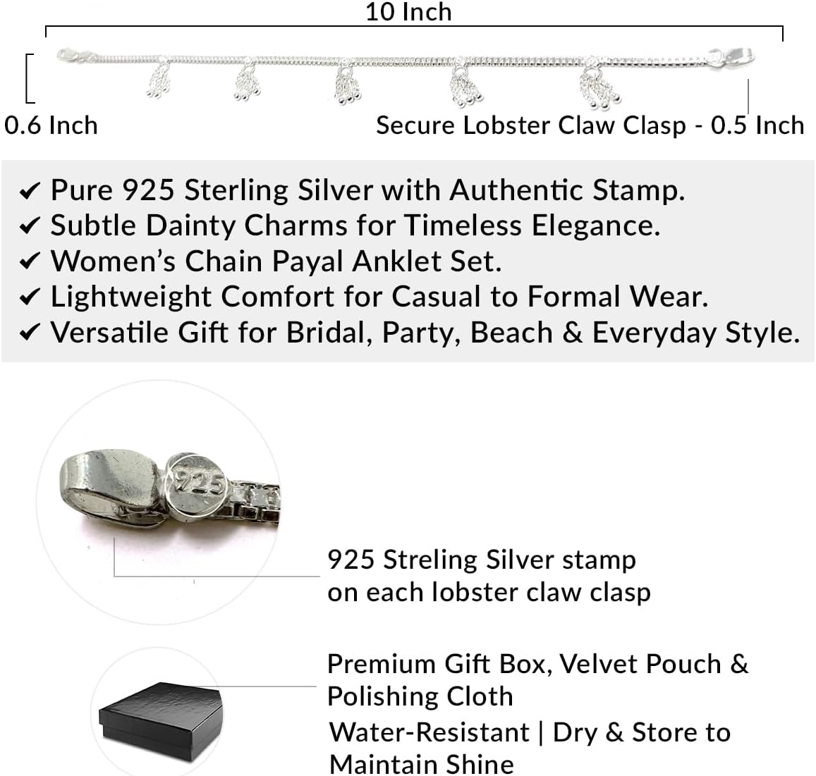 Duel On Jewel 925 Sterling Silver Anklet for Women, Payal Pair, Dainty Chain Anklets Set, 10 Inch Lightweight Foot Jewelry, Minimalist Elegant Design, Wedding, Festive, Everyday Gift for Women