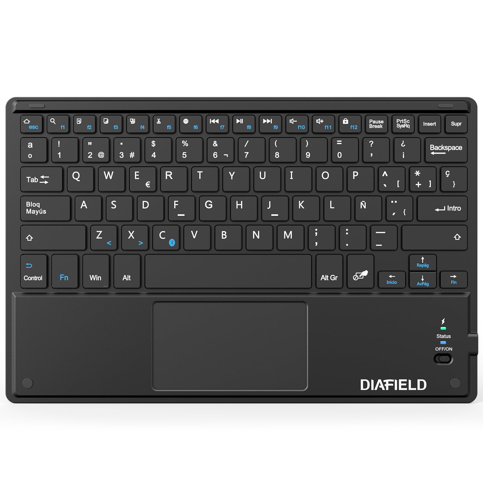 DIAFIELD 1byone Ultra-Delgado Teclado Inalámbrico Español Ñ con Panel Táctil Multi-función y Batería Recargable, QWERTY español, para Tablet/Pad/TV/Ordenador, Negro