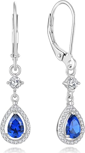 Aretes colgantes de cristal para mujer, aretes Guesma de 0.236 x 0.157 pulgadas, diseño de lágrima, piedra natal creada, plata esterlina 925, aretes