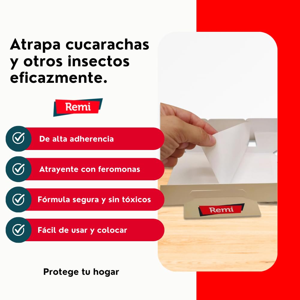 Remi Hogar Trampas para Cucarachas XL | Adhesivas con feromona Natural sin pesticidas | Totalmente ecológica para Eliminar cucarachas Profesional | Trampas Insectos Rastreros | Fácil instalación