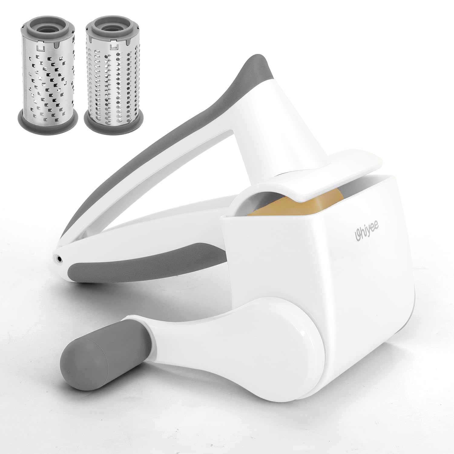 Patented Rotary Parmesan Cheese Grater Hand Crank Cheese Shredder with Fine Coarse Drums Restaurant Quality White Stainless Steel