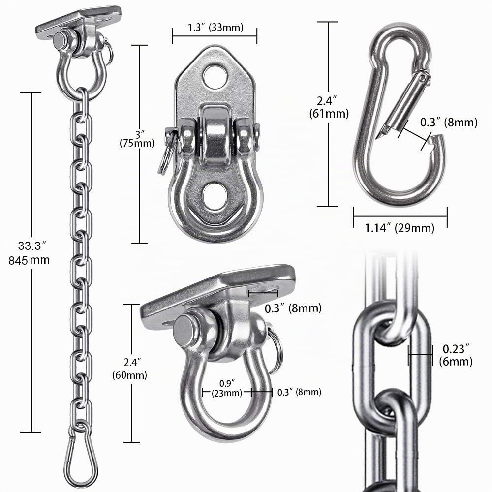 Crochet Plafond avec Chaîne, Acier Inoxydable 304 Chaise Hamac Kit de Suspension pour Balançoire, Chaise Suspendue, Yoga, Fixations Murales et Crochets de Sac de Boxe, Charge Max 450kg