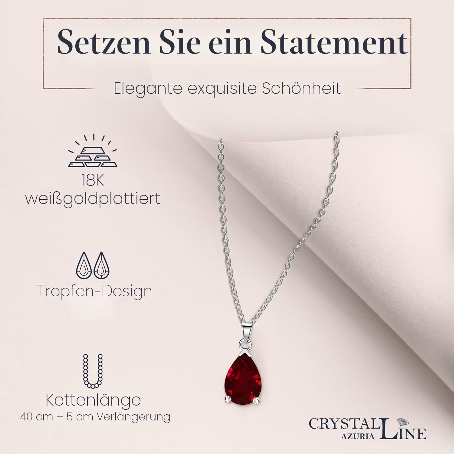 Crystalline Azuria Tropfenform Schmuck-Set mit Rot Zirkonia Kristalle Halskette 45 cm Ohrhänger Ohrringe Armband 18 kt Weiß Vergoldet