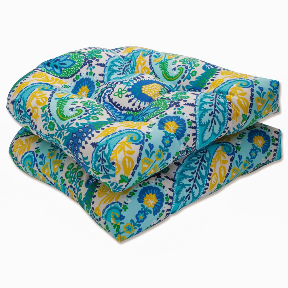 Pillow Perfect Paisley Indoor/Outdoor Chair Seat Cushion, Tufted, Weather, and Fade Resistant, Round Corner - 19" x 19", 2 Count