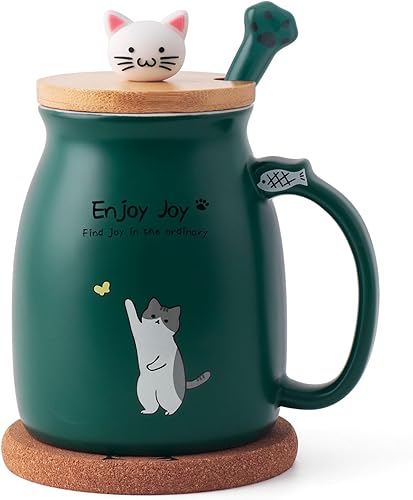 Miniatura 1 de Taza de café de cerámica con tapa de madera de gato Kawaii, encantadora cuchara de acero inoxidable, posavasos de madera gruesa de anime, regalo de