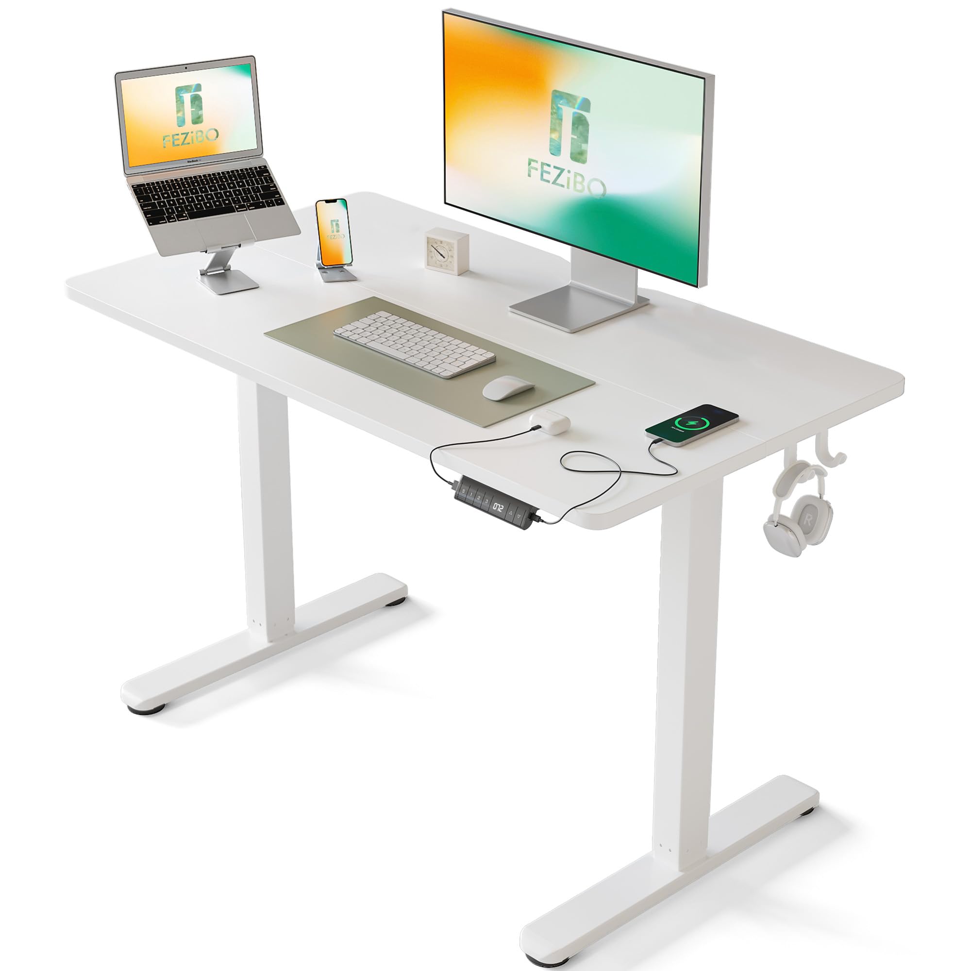 FEZIBO Height Adjustable Standing Desk, 100 * 60 cm Stand up Table, Desk with Splice Board, Cream White Frame/Cream White Top
