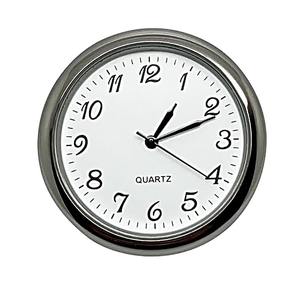 Dans Clock Shop Silver New Round Metal Quartz Bezel Clock Watch Movement Insert Miniature Chrome With Black Arabic Numerals White Dial Battery Operated (30Mm Insert For A 27.5Mm Hole)