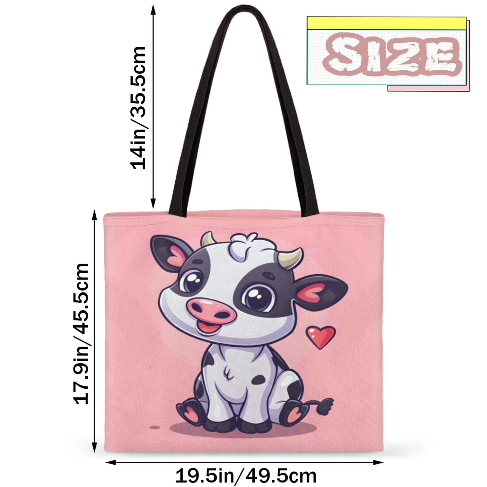 Mularoka Cute Cartoon Cow Square Canvas Tote Bag Top Handle Purses Stylish Women Canvas Shoulder Tote Bags Reusable Handbags for Work Travel Picnic Beach Shopping Gym Hiking
