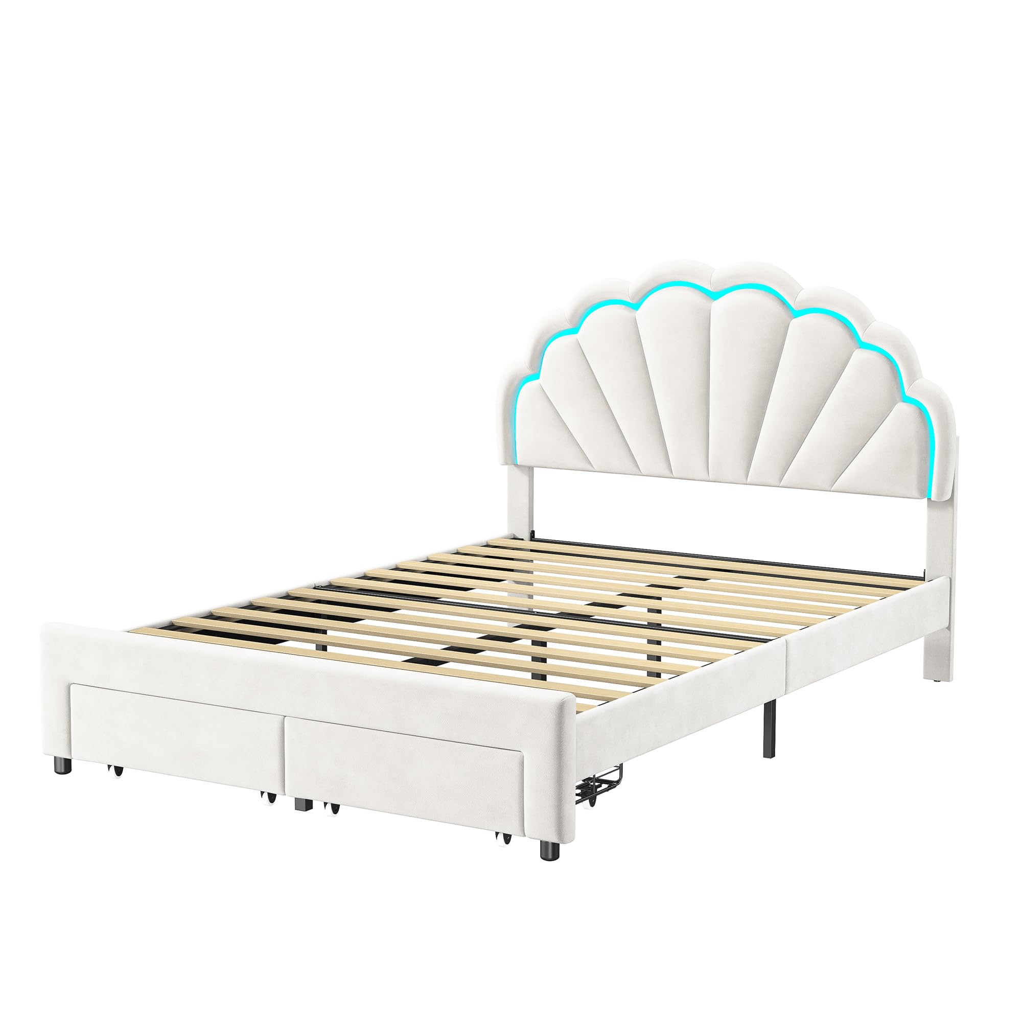 Cama Infantil Doble de 140 x 200 cm, con cajón de Almacenamiento, Cama Infantil Acolchada con LED, cabecera de Cama Ajustable en Altura en Forma de pétalo, somier de láminas, Camas para niña