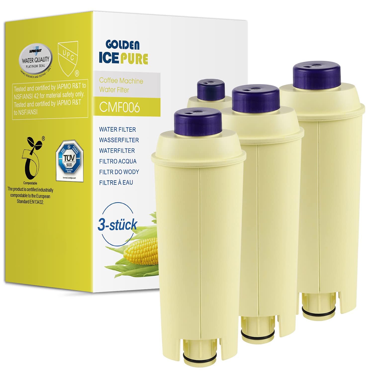 GOLDEN ICEPURE Wasserfilter Kaffeevollautomat Kompatibel mit De'Longhi DLSC002, SER3017 & 5513292811, ECAM, ESAM, ETAM, BCO, EC-Serie,3 stück