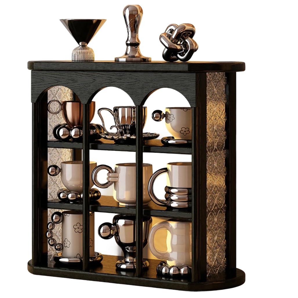 QDZC 3 Tier Wood Acrylic Coffee Mug Display Rack Compartment Countertop Spice Jar Organizer Small Cup Holder Kitchen Storage Shelf for Home Office Home Furnishing 46cm