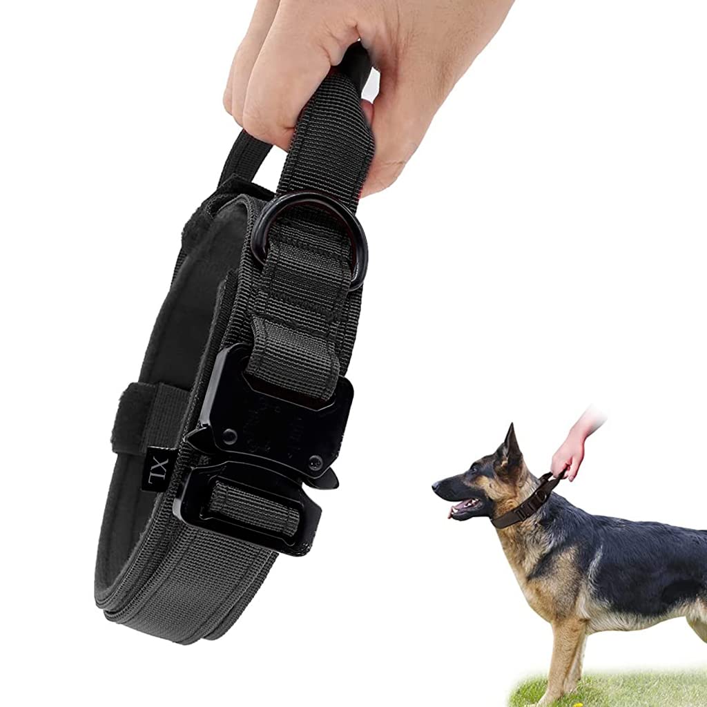 Qpets® Dog Collar Adjustable Nylon Tactical Collar Dog Belt with Strap Handle Dogs Training Collar Quick Release Metal Buckle for Medium Large Abult Dogs(Black, XL, 19.6''-23.2''/50-59cm)