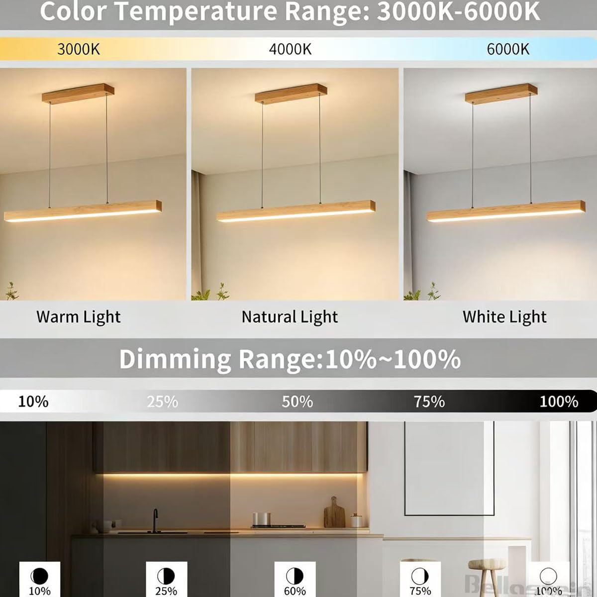 Holz Pendelleuchte LED Esszimmer Dimmbar Esstischlampe Hängelampe Linear Design Hängeleuchte Dimmbare LED Pendellampe mit Fernbedienung, Höhenverstellbare für Büro Küche Esszimmer (Pfirsichholz, 80)