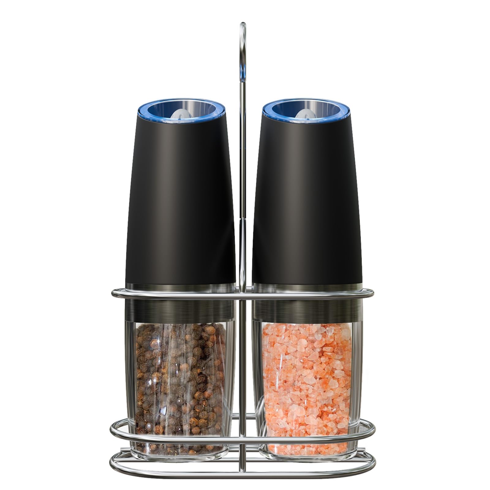 FervidusGravity Electric Salt and Pepper Grinder Set Automatic Battery Powered Salt and Pepper Mill with LED Light, Stainless Steel Stand, Adjustable Coarseness