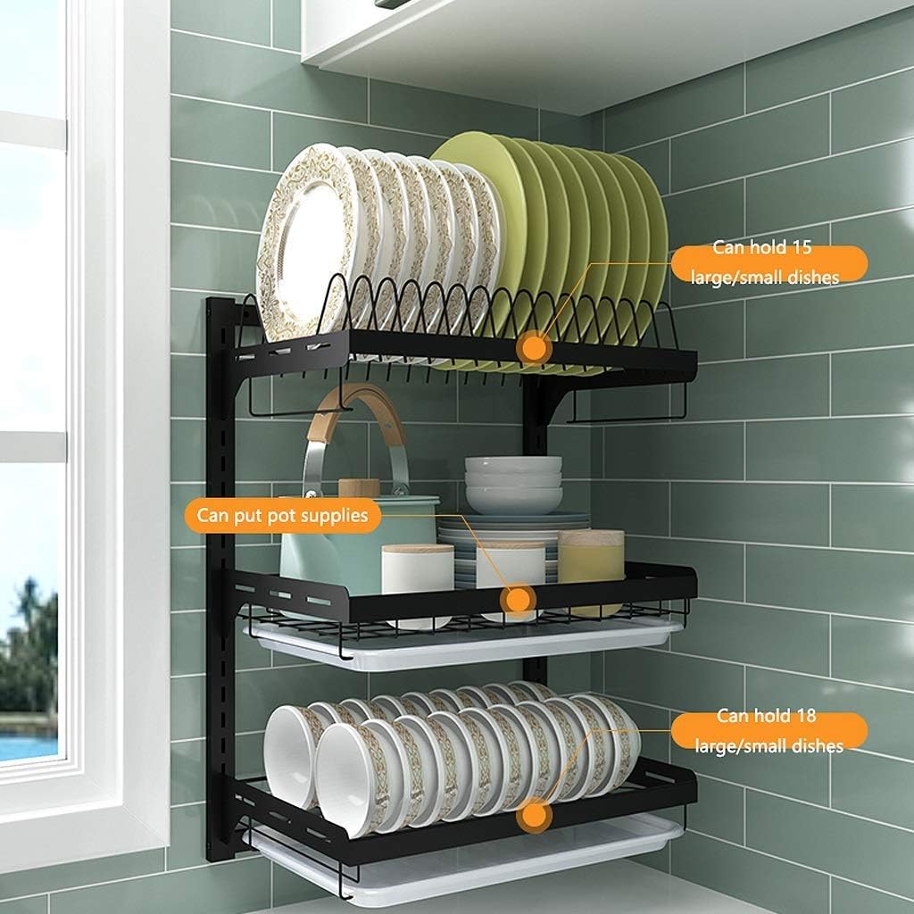 Escurridor de Platos Pared Acero Inoxidable 201 para Cocina,Organizador 2 o 3 Niveles con bandejas,Platos y Cuencos(3 Capas)