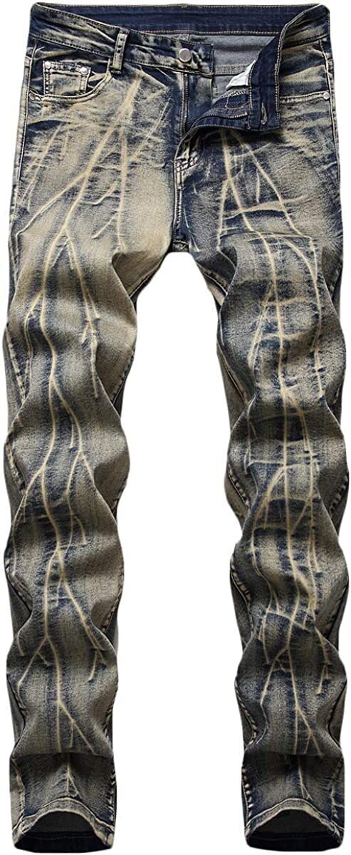 Mens Prints Jeans Straight Leg Simple Style Stylish Denim Trousers Stretch Pattern Jeans Pants All Waist Long Trousers