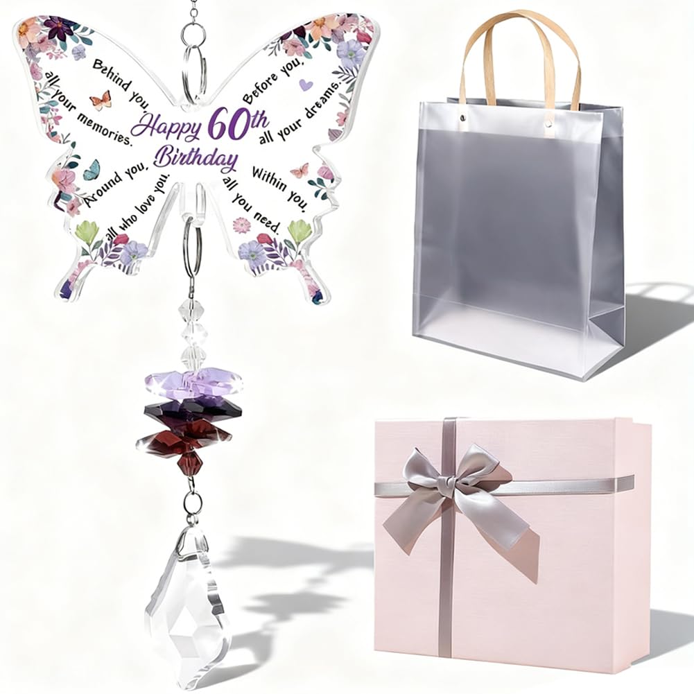 Clkdpno Women's Clear 60Th Birthday Gifts For Butterfly Acrylic Crystal Suncatcher Gifts, Unique 60 Years Old Presents For Mum Wife Sister, 1965 Birthday Gift For Friend Bestie With Gift Box & Bag