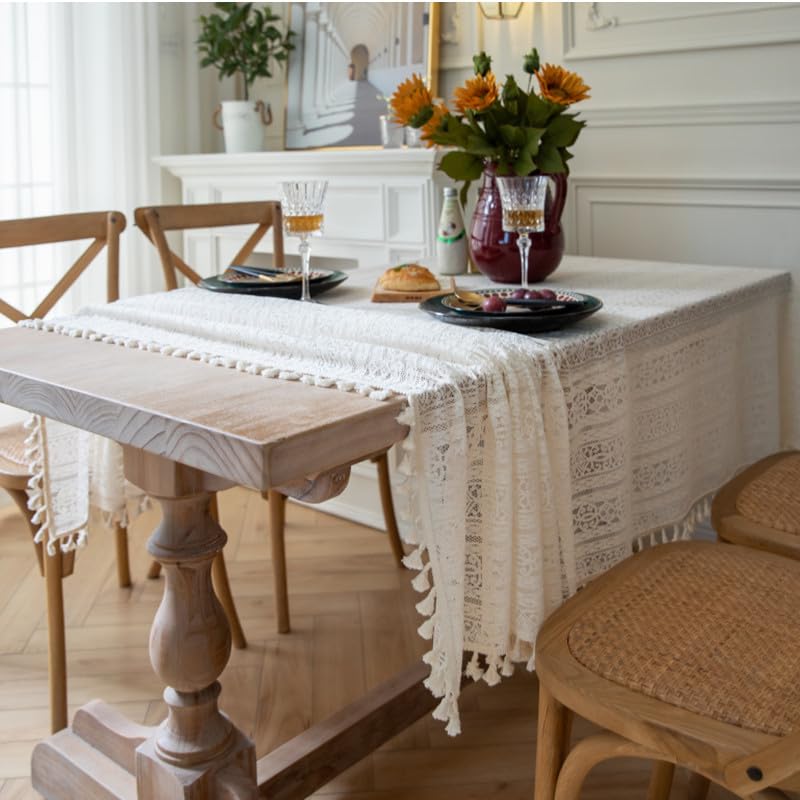 HeichkelL Tischdecke mit Quaste Vintage Spitzentischdecke Quadratisch Häkelspitze Deckchen Lace Tischtuch für Küche Hochzeit Party Beige 150 x 260 cm