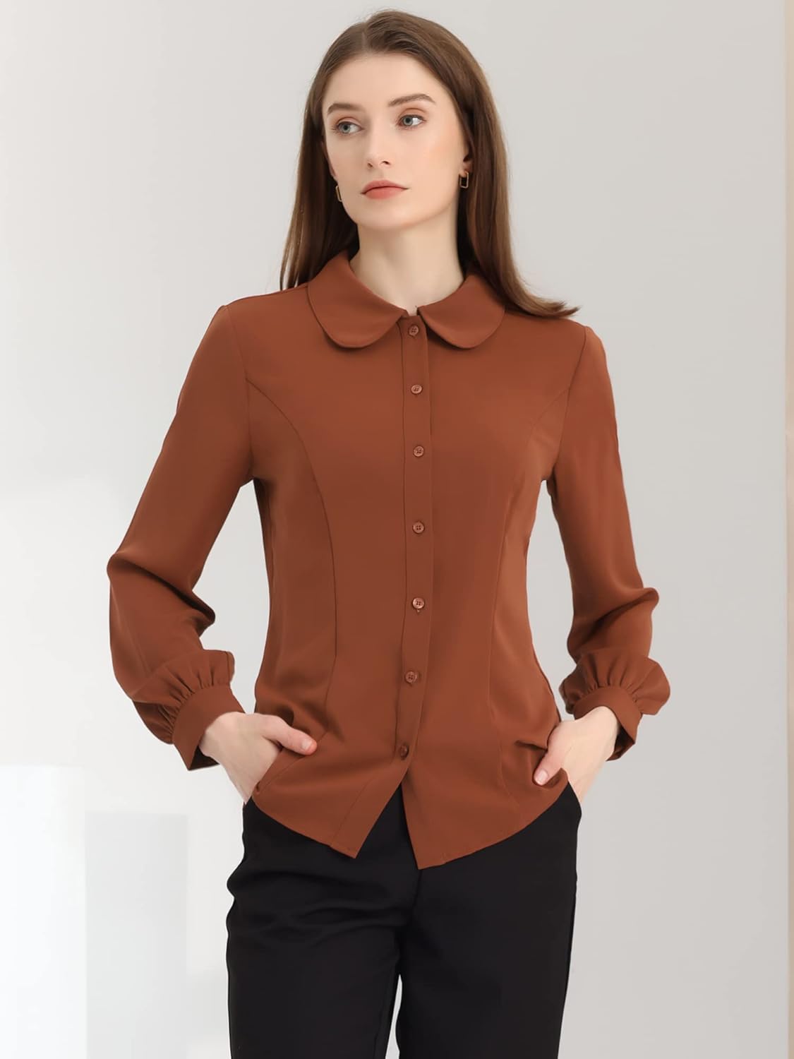 Allegra K Women's Peter Pan Collar Blouse Business Casual Long Sleeve Button Down Work Shirt - Image 3