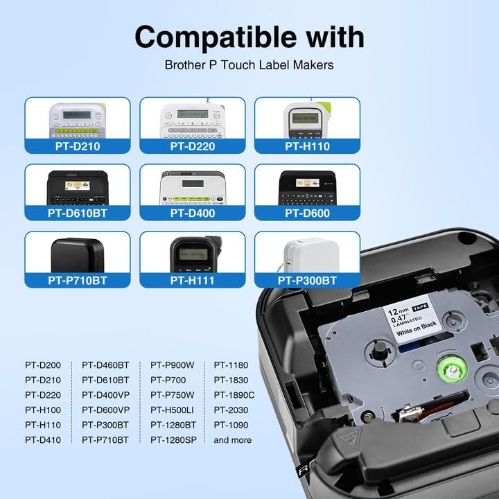 TZe-335 Compatible Label Tape Replacement for Brother P Touch 12mm 0.47 TZ-335 Laminated Label Maker Tape, for Brother PT-D220 PT-D210 PT-H110 PT-D400 PT-D600, White on Black, 5 Packs - Image 3