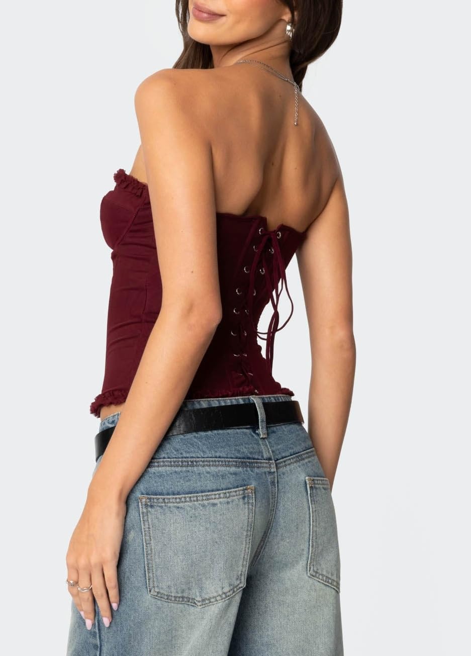 UAURORAO Women Mesh Renaissance Corset Top Strapless Back Zip Up Boned Bustier Tops Y2k Going Out Tube Bandeau Tops - Image 5