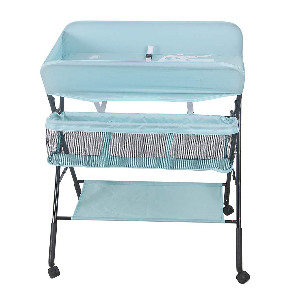 Mueble Cambiador Bebe Plegable y Portátil, Cambiador con 4 Ruedas,Patrón de Jirafa-80 x 66 x 92/95/98 cm (Azul cielo)