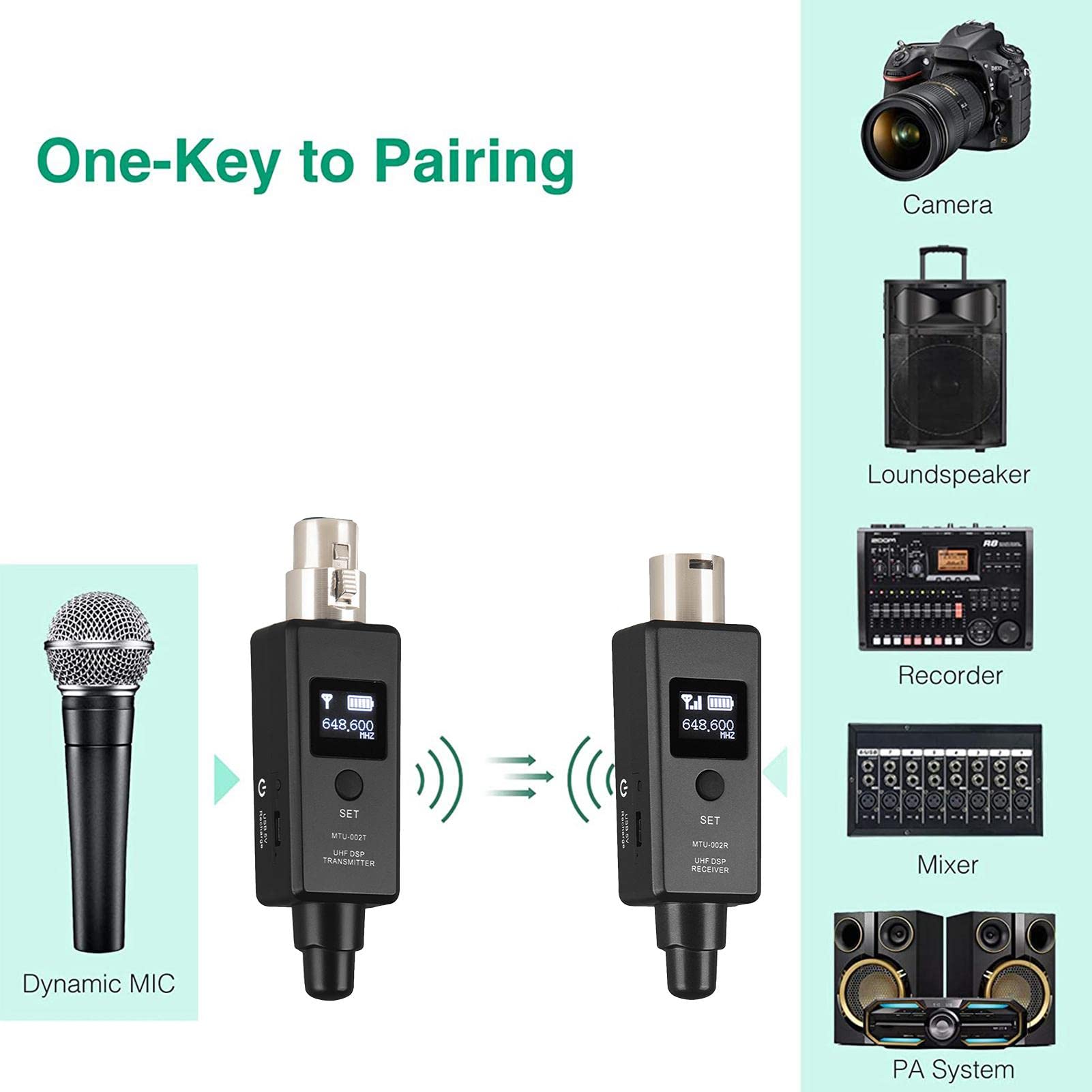 Transmisor y receptor para micrófono inalámbrico, micrófono recargable inalámbrico, adaptador de micrófono para micrófono dinámico, mezclador de audio, PA, cámara