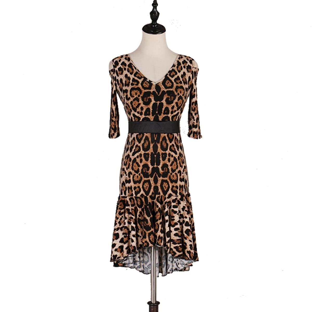 Abito da ballo latino leopardo con scollo a V manica media abito da competizione latina Salsa Samba Cha Gonna da allenamento latino Valzer Foxtrot Abito da ballo