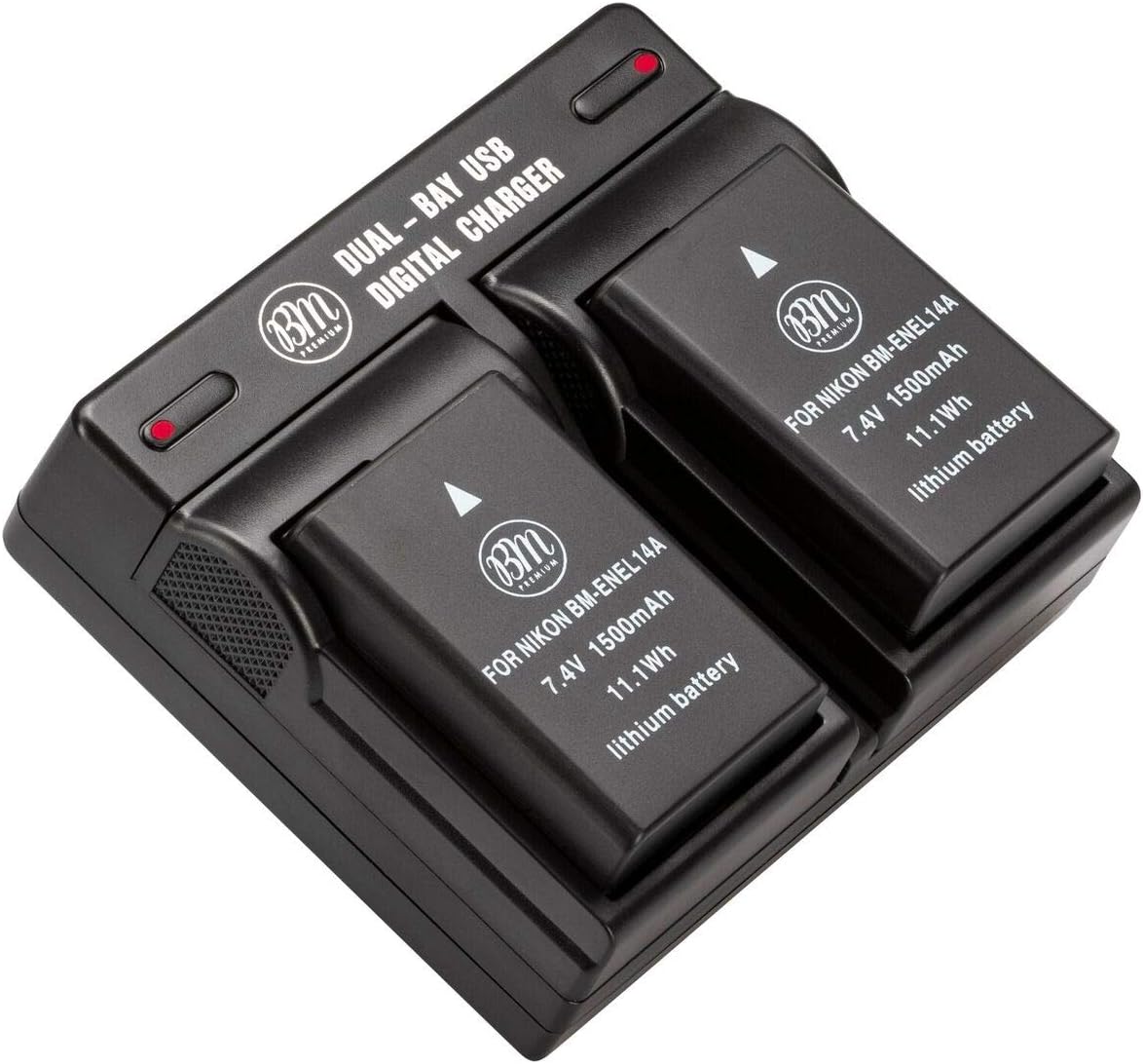 BM Premium 2 Pack of EN-EL14A Batteries and Dual Bay Battery Charger for Nikon D3100, D3200, D3300, D3400, D3500, D5100, D5200, D5300, D5500, D5600, DF Coolpix P7000, P7100, P7700, P7800 Cameras